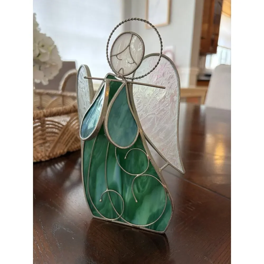 Vintage Stained Glass votive Candle Holder Green & White Angel with Wings. EUC